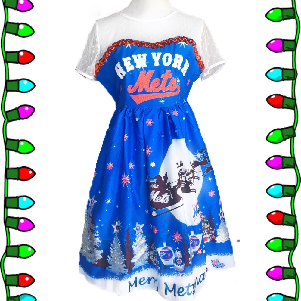 NEW YORK METS Christmas Dress w/BLING see-thru top